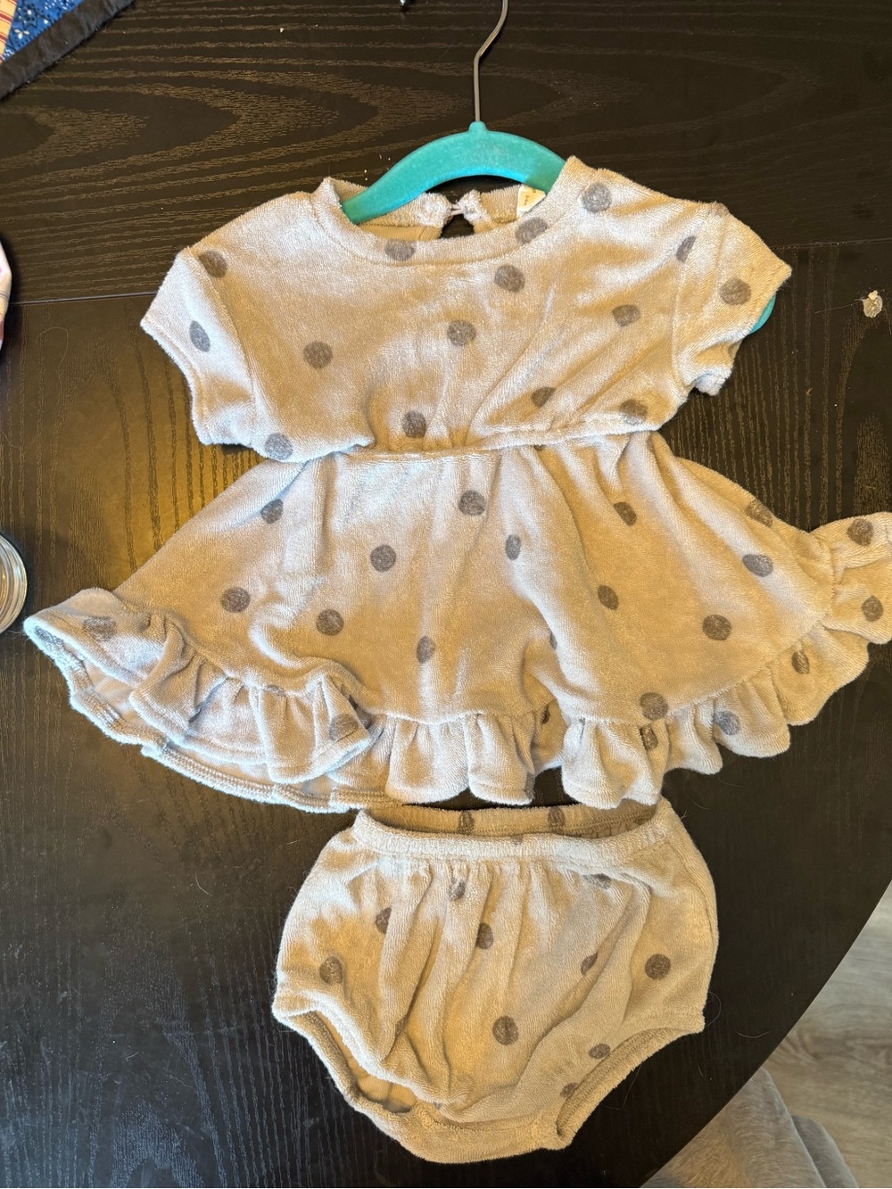 Quincy Mae Beige Dress & Bloomer Set with Gray Polka Dots